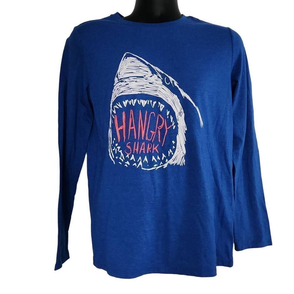 Cat & Jack Boys Size XXL (18) Blue White Hangry Shark Long Sleeve Shirt